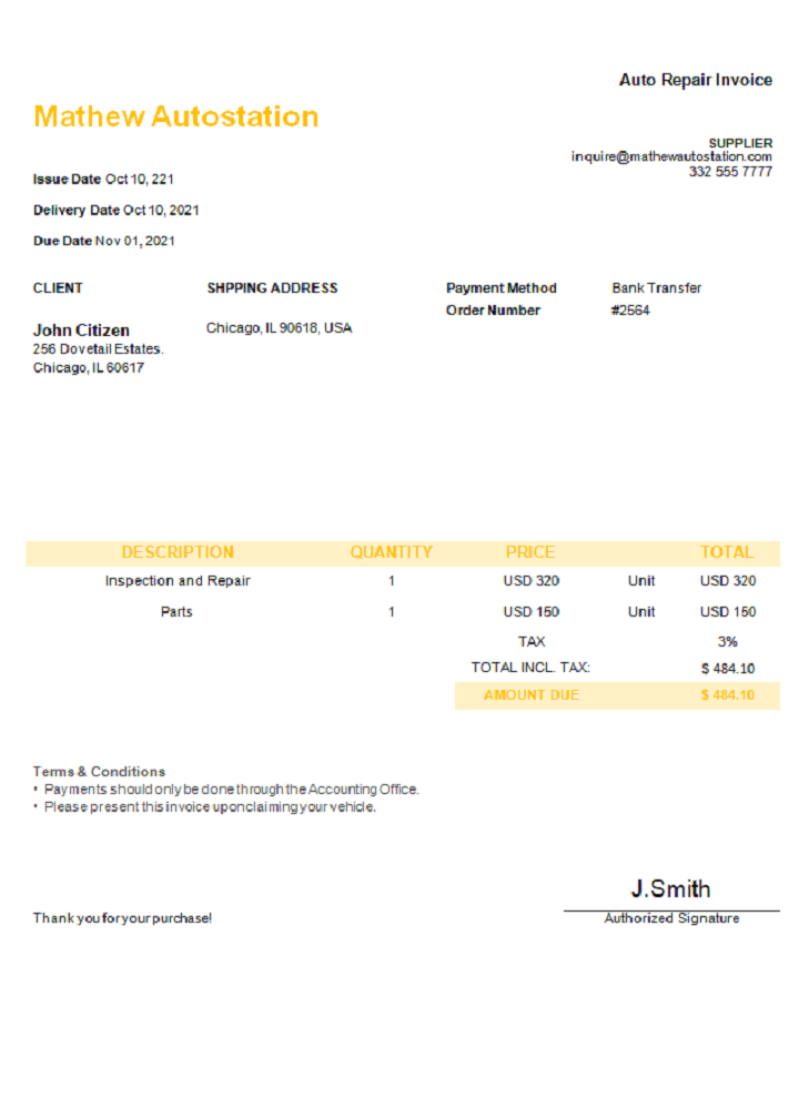USA Mathew Autostation invoice PSD template